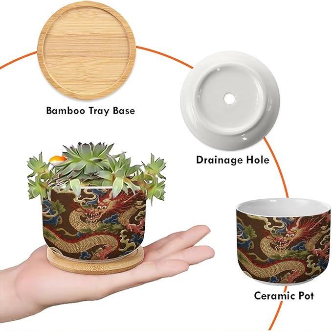 5 Piece Antique Chinoiserie Dragon Small Ceramics Pots for Plants Asian Style Chinoiserie Houseplant Pot for Succulent Dragon Gold Oriental Style Asian Ceramics Planters for Indoor