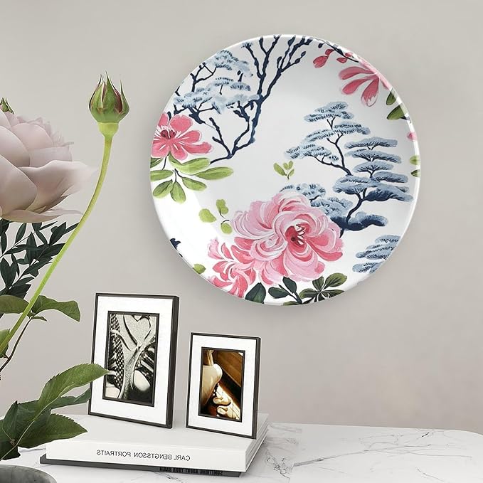Chinoiserie Asian Floral Ceramic Decorative Plate for Display Pink Flowers in White Festival Wedding Supplies Wall Household Holiday Party Decorations Customize Gifts for Men Women Wedding