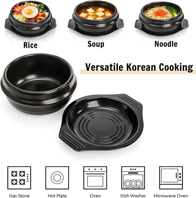 Korean Stone Bowl, Ceramic Korean Cooking Stone Pot Set with Tray, 37 Oz Dolsot Bibimbap Sizzling Hot Pot Soup Cookware for Korean Restaurants, Rice, Soup, Noodle