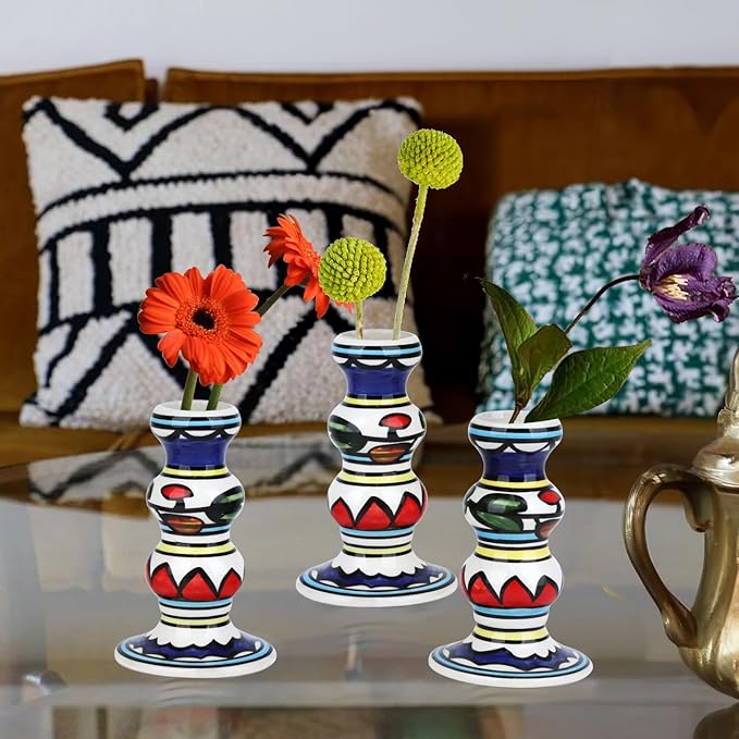 Vixdonos Painted Ceramic Vase Colorful Bud Vase Set of 3 Small Flower Vase Rustic Mini Vases in Bulk for Home Decor, Wedding and Dinner Party(Colorful)