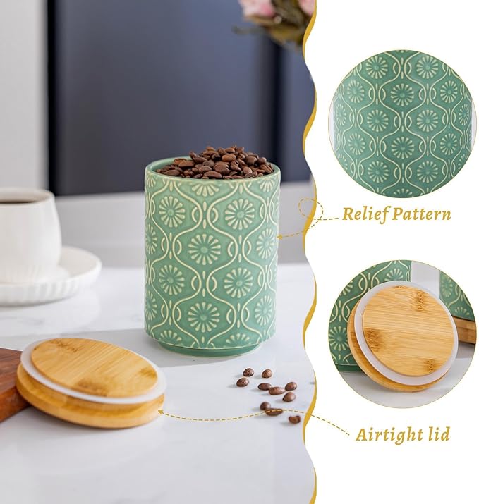TEATALK Ceramic Utensil Holder Set, 360° Rotating Organizer for Countertop, Farmhouse Vintage Style, Large and Small Crocks in Green，7.7"+5.7"