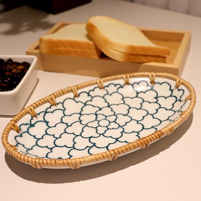 Rattan Ceramic Tray, Oval Fruit/Bread/Cookie/Jewelry Small Storage Porcelain Serving Plate, Vintage Decorative Display Plate for Coffee Table Home Decor Wedding Party Gift (White Cloud)