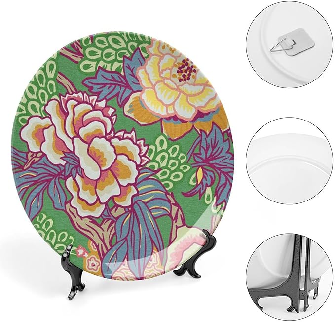 Green And Yellow Chinoiserie Peony Floral Vintage Plates, Asian Colorful Peony Customize Ceramic Salad Plates for Kitchen Wall Decor, with Vertical Stand Art Decorations for Home Household