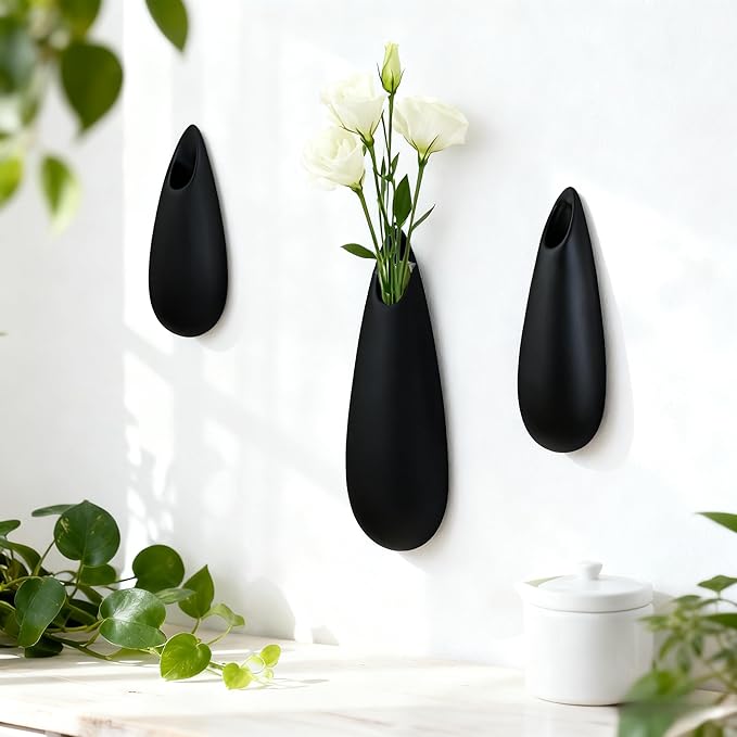 Sculptural Wall Ceramic Vase — 3 Pack Black Hanging Sconce Vase | Turn Flowers into Art — Decorative Ceramic Wall Sconce for Single Stem Displays