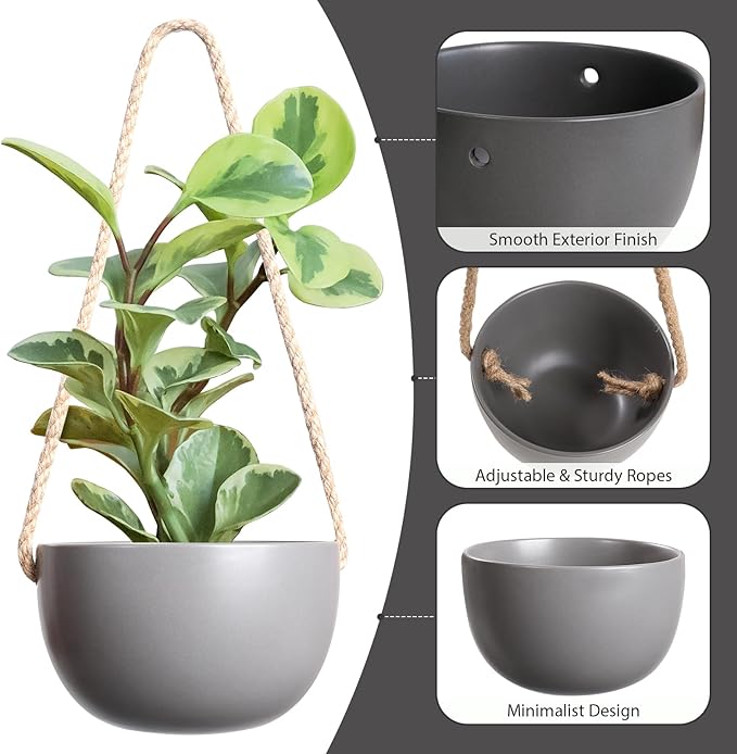 INGOFIN 4 Inch Ceramic Hanging Planter, Modern Hanging Plant Pot with Jute Rope, Succulent Bonsai Pots, Matte Grey Porcelain Flower Pots, for Indoor and Outdoor, Set of 4 (Matte Grey)