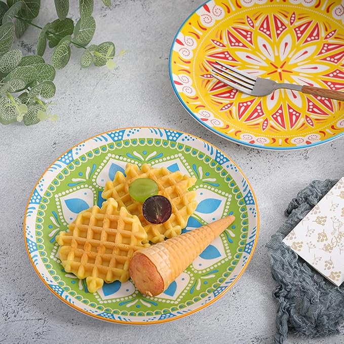 Dessert Plate Set of 6-8 Inch Ceramic Salad and Appetizer Plates - Vibrant Mix-and-Match Colors - Dishwasher and Microwave Safe