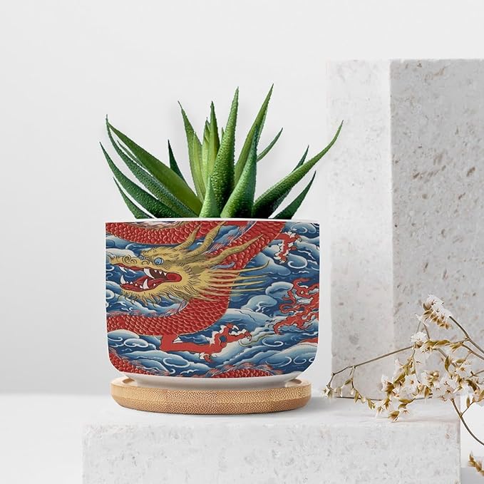 Dragon Chinoiserie Planters Ceramic Asian Inspired Round Plant Pot with Drainage Holes and Bamboo Tray Pot for Outdoor Garden Home Plant