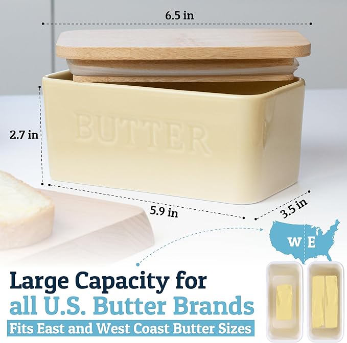 PriorityChef Extra Large Butter Dish with Lid for Countertop, Ceramic Butter Container With Airtight Cover, Butter Keeper for Counter or Fridge, Butter Holder Storage, Khaki