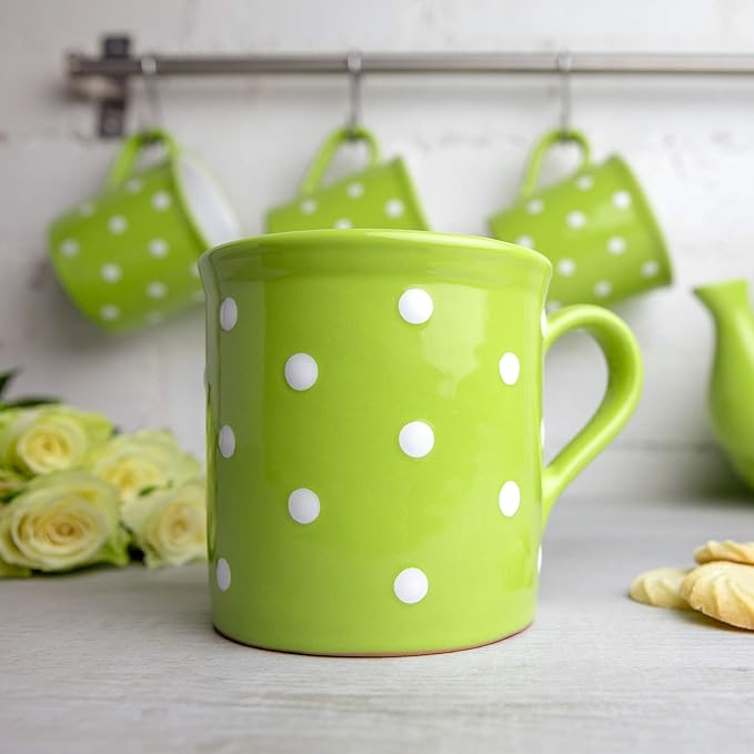 City to Cottage Handmade Lime Green and White Polka Dot Ceramic Extra Large 17.5oz/500ml | Hot Chocolate, Coffee, Tea Mug, Cup with Handle Unique Designer Pottery Gift for Tea Lovers