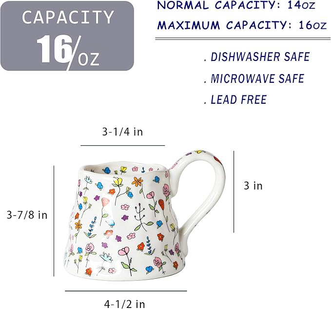 Mkour 16oz Large Ceramic Coffee Mugs, Handmade Big Tea Cups, Floral Design, Wide Bottom with Large Handle for Office and Home, Microwave and Dishwasher Safe (White)