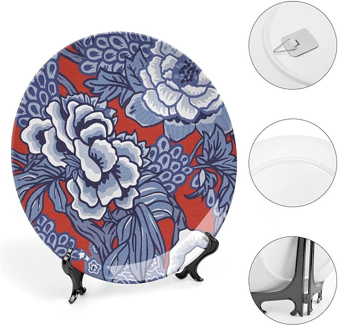 Red And Blue Chinoiserie Peony Floral Decorative Plate of 6", 7", 9", 10", Personalized Colorful Chinoiserie Flower Dinner Plates, Display Club Decorations Wedding, Including Bracket And Special Hook