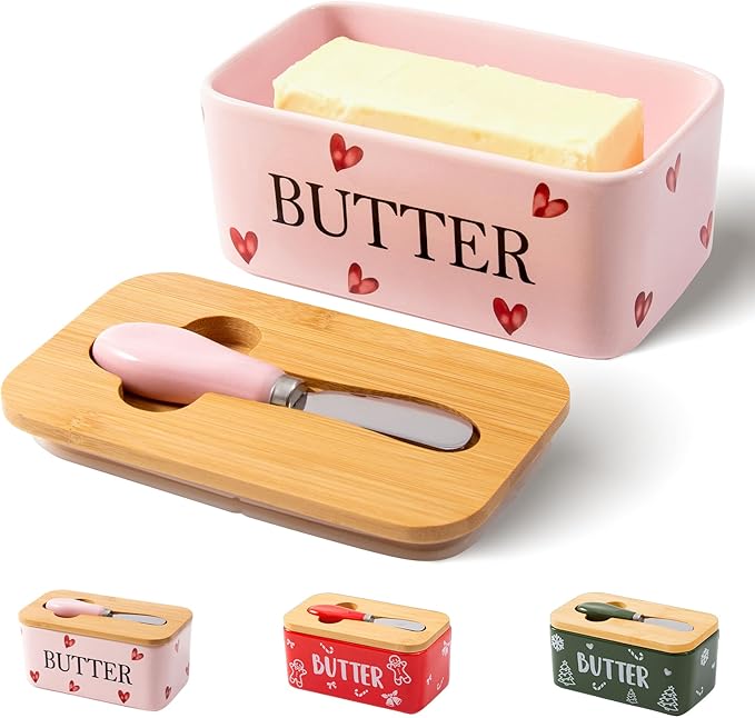 Pink Ceramic Butter Dish with Bamboo Lid and Knife, Cute Butter Holder,Large Covered Butter Container for Refrigerator, Butter Keeper with hearts design, Unique Kitchen Decor Gift(pink love)