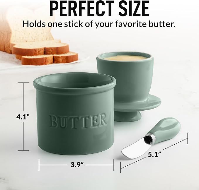 Zulay Kitchen Bell Shaped Butter Crock with Lid for Countertop with Water Line & Spreader Knife, Ceramic French Butter Dish Keeper For Fresh, Soft & Spreadable Butter - Deep Sea