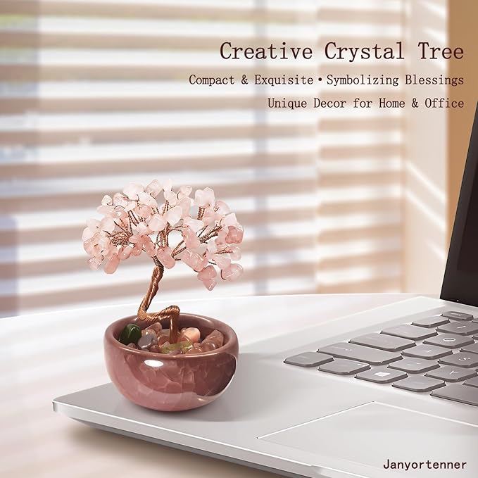 Rose Quartz Crystal Tree,Romantic Office Desk Bedroom Decor,Handmade Copper Wire in Crackle Ceramic Base,Spiritual Gift for Her