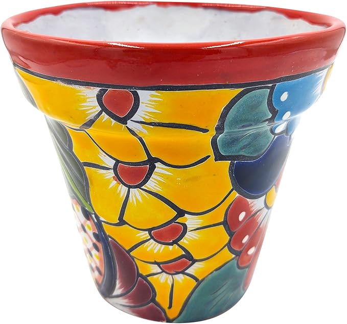 Cactus Canyon Ceramics Talavera Planter, Hand-Painted Mexican Traditional Ceramic Pot with Drainage Hole, Indoor Outdoor Rustic Botanical Terracotta, 7 Inch, Red Multicolor