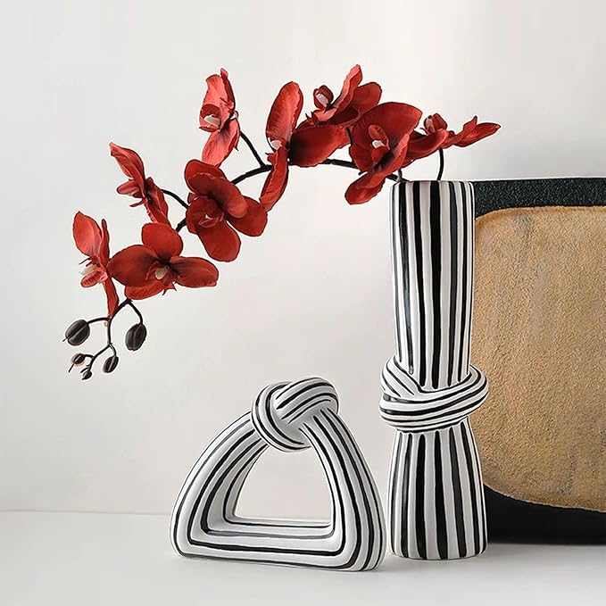Linxia Minimalist Striped Knot Flower Vase and Art Sculpture 2-Piece Set, Black and White Line, Designer Vase and Ornament for Table Centerpieces Aesthetic for Home Office