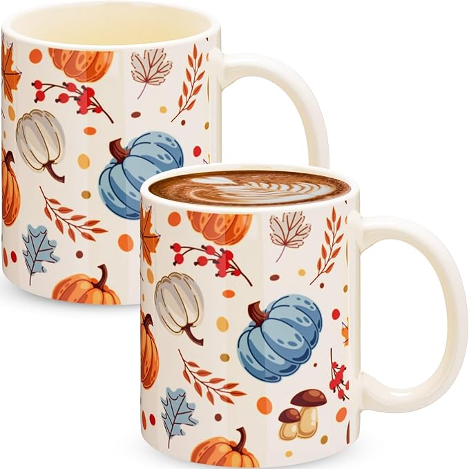 Sliner 11 oz Pumpkin Ceramic Coffee Mugs Set of 2 Thanksgiving Fall Cup Gifts Festive Tea Cup Autumn Holiday Birthday Gifts for Men Women