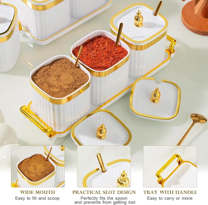 3 Pack Gold Condiment Spice Jars with Lids, Spoons, Tray - Plastic Seasoning Box Set for Salt, Pepper, Sugar - Kitchen Storage