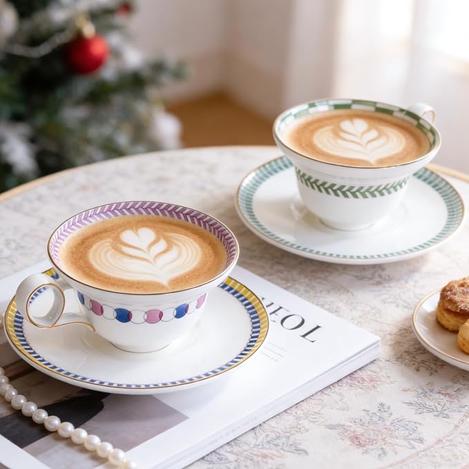 KAMMAK Ceramic Coffee Cups Saucers Set of 2, Porcelain Espresso Cups with Saucers, 5.92 oz Handmade Elegant Bone China Tea Cup, Ceramic Floral Pattern Demitasse for Latte, Americano, Cappuccino