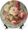 Pink Cabbage Roses Romantic Aqua Ceramic Decorative Plate, Custom Ceramic Dinner Plates for Kitchen Table Housewarming Gifts Decor, Unique Art with Stand Art Decorations for Club Household