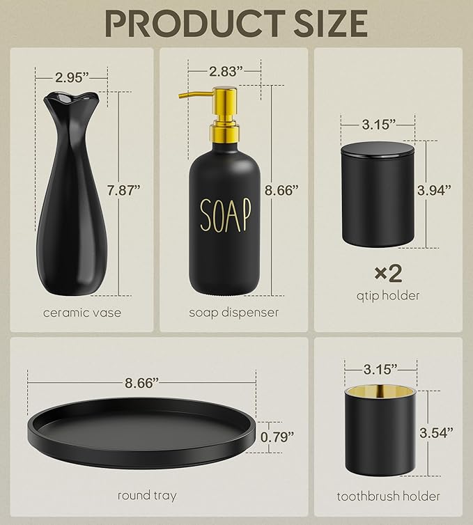 Black Bathroom Accessories Set with Tray, 6pcs Matte Black Bathroom Accessory Sets, Glass Soap Dispenser and Toothbrush Holder Set, Qtip Holder, Ceramic Flower Vase, Black Bathroom Set Decor,