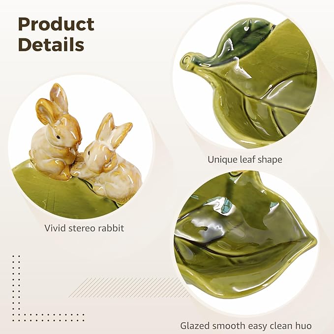 Cute Ceramic Soap Dish, Decorative Leaf Design with 3D Rabbit Figurines, Fast Draining Bathroom Soap Holder, Countertop Accessory for Kitchen, Office
