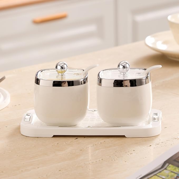 shuqiao Porcelain Condiment Jar Spice Container with Lid - Ceramic Spoon, Plastic Tray is the best clay pot for your home, kitchen, counter. White, 280 ml (9.4 oz), 2-piece set (3, Circle)