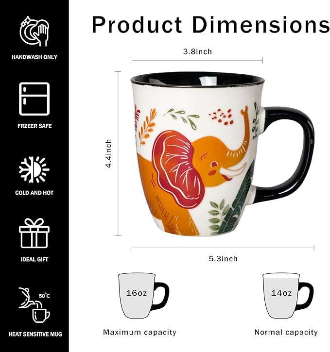 Color Changing Elephant Mug 16oz - Heat Sensitive Cup for Tea Cocoa Milk, Funny Ceramic Coffee Mugs, Birthady Gifts for Women man