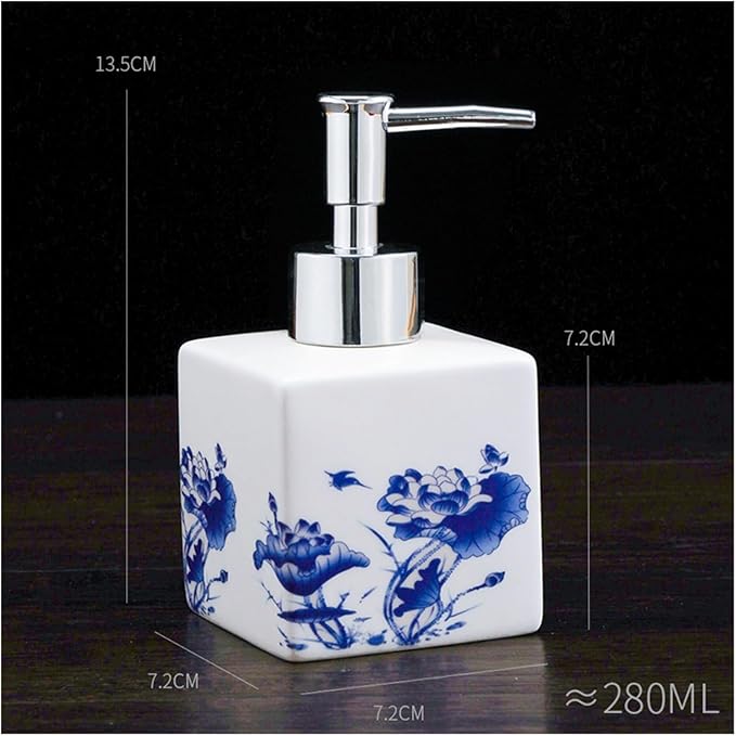 Countertop Soap Dispensers, Refillable Pump Bottle Ceramic Lotion Soap Dispenser with Pump for Bathroom and Kitchen Office, Vintage Blue and White Porcelain Floral Decorative(Silver)