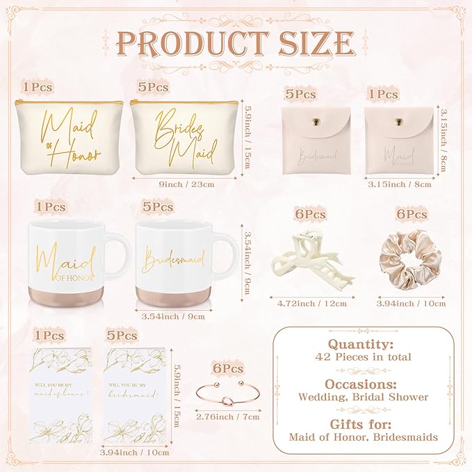 42 Pcs 6 Sets Wedding Favors Bridesmaid Proposal Gifts Maid of Honor Ceramic Coffee Cups Cosmetic Makeup Bags Invited Cards Scrunchies Knotted Bracelets Jewelry Bags Hair Claw Clips(Champagne)