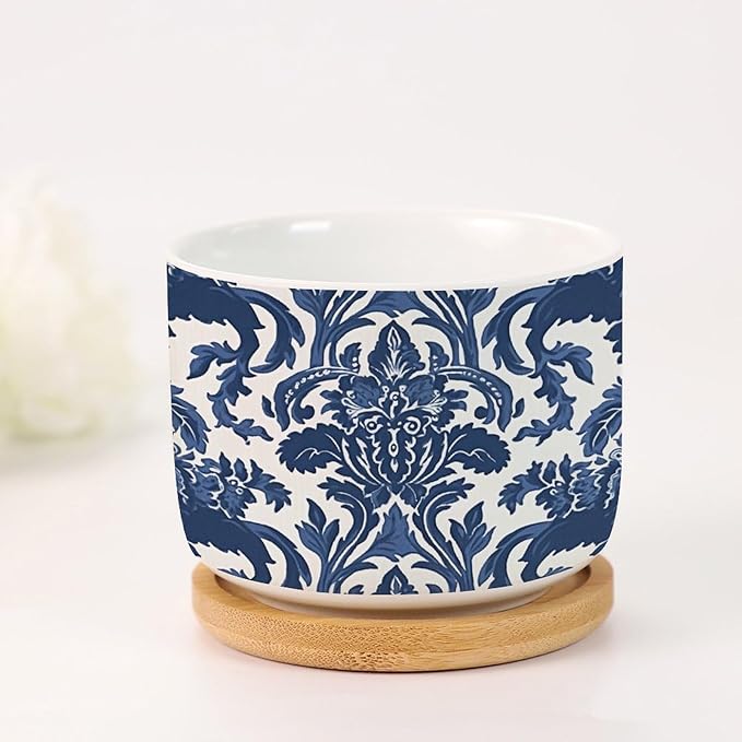 Blue Regalia Lion Small Ceramics Pots for Plants Set of 5 Indigo Blue Flower Lion Asian Ceramics Planter with Drainage and Bamboo Tray Chinoiserie Asian Garden Decor Succulent Pot