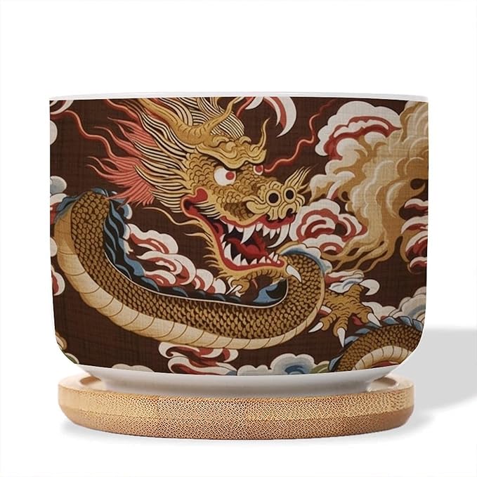 Antique Chinoiserie Dragon Ceramics Plant Pot Set of 2 Dragon Gold Oriental Style Asian Succulents Plants Live with Pot with Drainage Asian Scenery Chinoiserie Small Ceramics Plant Pot
