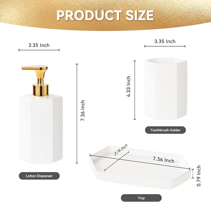 Ceramic Bathroom Accessories Complete with Soap Dispenser, Toothbrush Holder, Bathroom Tumbler, and Vanity Tray - Modern Bathroom Decor,3PCS (Gold)