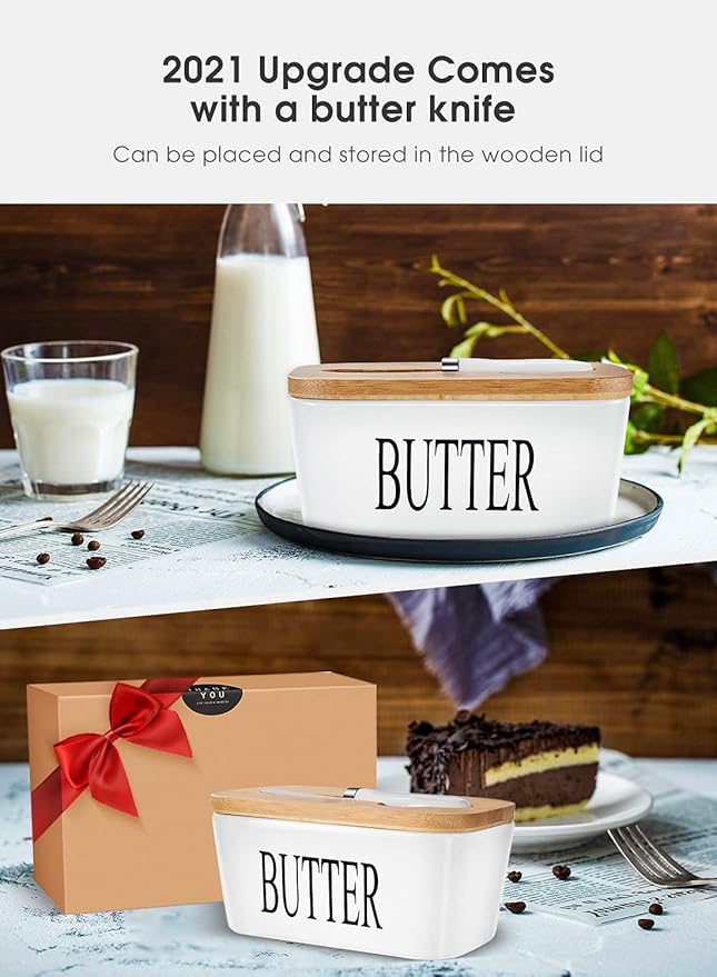 Butter Dish with Lid: Large Butter Dish for Countertop - Ceramic Butter Keeper Container with Knife and High Quality - Silicone Sealing Butter Box for Home Decor Good Kitchen Gift Black White