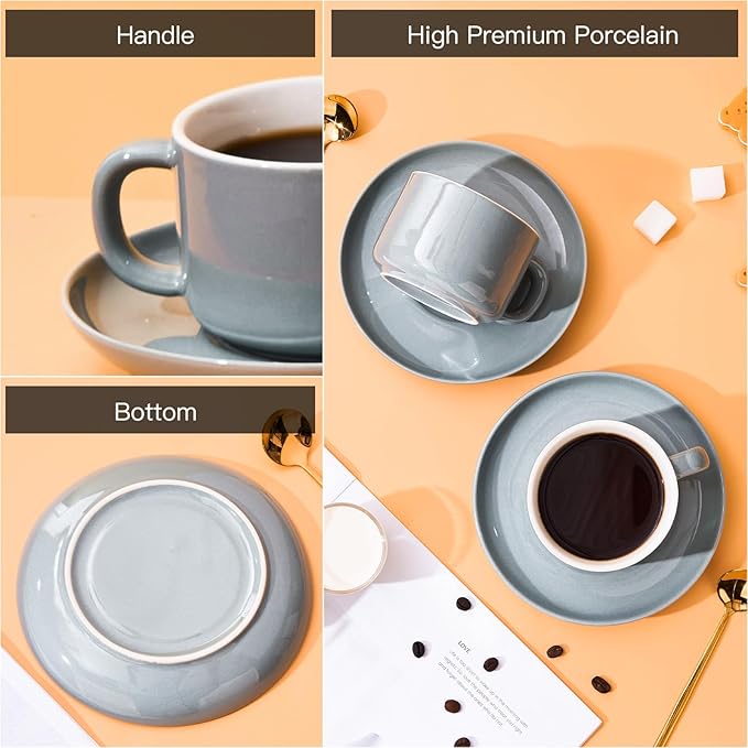 8oz Cappuccino Cups Set of 6, Ceramic Coffee Cups and Saucers Set with Spoons, Gray Durable Coffee Cups for Cappuccino Espresso Latte Mocha Au Lait Macchiato Cafe