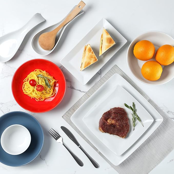 Yedio Porcelain Square Dinner Plates, 10.75 Inch Square Serving Plate for Steak, Pasta, Salad, Snacks, Pizza, Appetizer Plates, Set of 6, White