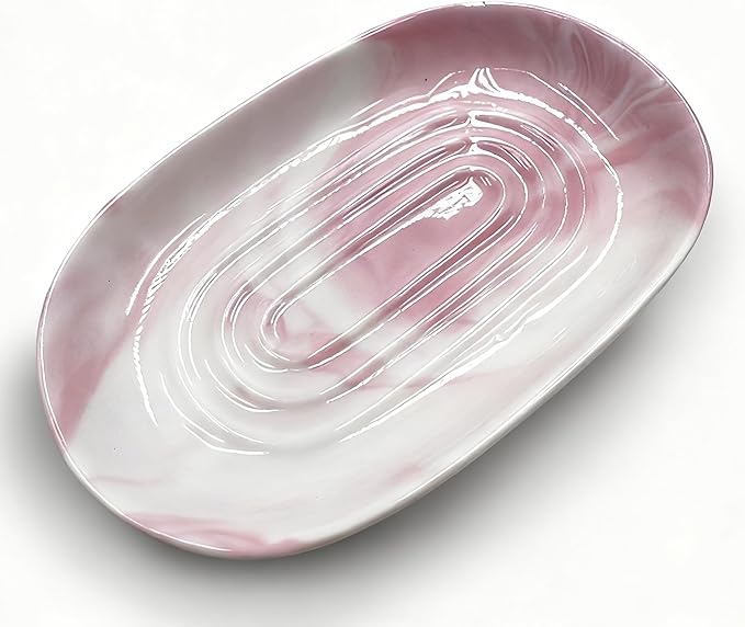 Soap Dish, Ceramic Soap Dish with Marble PatternShower, Soap Saver Tray for Bathroom, Kitchen Sink & Vanity, Multi-Use Holder for Jewelry, Rings, Keys (1 Pack, Pink-White)