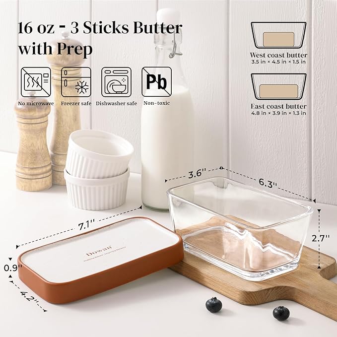 DOWAN Glass Butter Dish with Ceramic Lid, Large Butter Container for 3 Sticks, 2-in-1 Butter Dish with Lid for Countertop, Multi-Purpose Preserving Keepers and Tray, Dishwasher Safe-Cozy Gift