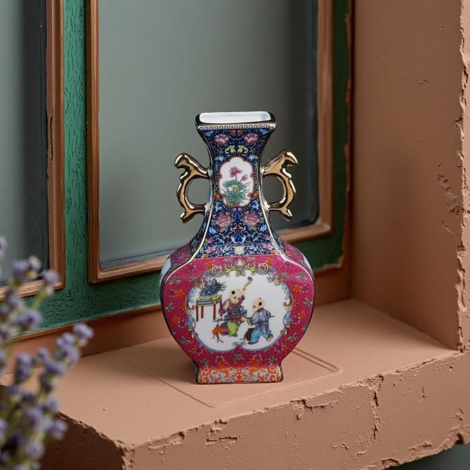 Antique Ceramic Vase - 9.8 Inch Enamel Porcelain Vase with Gold Trim, Chinese Purple Red Double-Handled Flat Ornament for Home Decor, Housewarming Gift, Collector's Art Piece