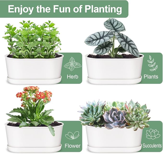 Set of 8 White Oval Window Sill Planters with Drainage Holes and Trays（7 Inch） for Herbs Basil Orchids Succulents, Modern Herb Garden Planter for Indoor/Outdoor Plants