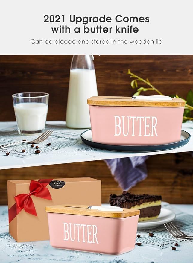 Butter Dish with Lid, Home Decor, Large Butter Dish for Countertop Ceramic Butter Keeper Container with Knife and High Quality Silicone Sealing Good Kitchen Gift Pink