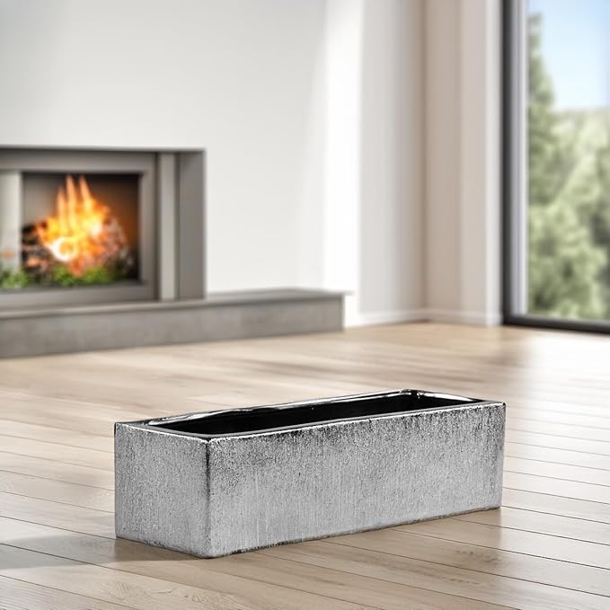 WGVI Long Rectangle Ceramic Planter Vase in Silver Etched 14" x 4" x 4"H, Rectangular Box Block Terrarium Pot, Flower Arrangement, Tabletop Centerpiece, Home Decor Organization Container, 4 Pcs.