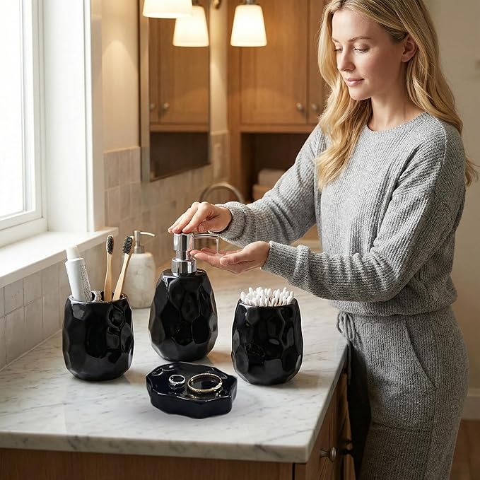 Ceramic Bathroom Accessories Set 4 PCS,Bathroom Toothbrush Holder Set,Soap and Toothbrush Holder Set,Include Toothbrush Holder,Soap Dispenser,Soap Dish,Tumbler,Bathroom Sets Decor Organizer (Black)