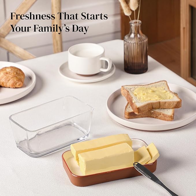 DOWAN Glass Butter Dish with Ceramic Lid, Large Butter Container for 3 Sticks, 2-in-1 Butter Dish with Lid for Countertop, Multi-Purpose Preserving Keepers and Tray, Dishwasher Safe-Cozy Gift