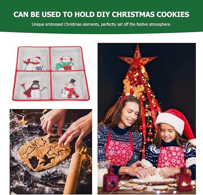 DOITOOL Christmas Ceramic Serving Dish Snowman Snack Appetizer Tray Dessert Platter Square Divided Serving Platter for Xmas Holiday Dining Table Decoration - 7.66 x 7.66 x 1.18inch