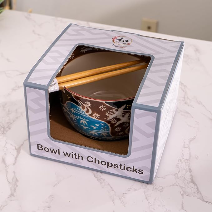 Urban Tokyo Handpainted Ceramic Glazed Japanese Ramen Udon Noodle Rice Bowl With Chopsticks 20 fl oz 5 inch Diameter Bowl Sets Color Box Packaging (Japanese Crane in Flight)