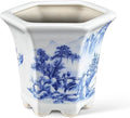 Blue and White Porcelain Plant Pot, Asian Ceramic Succulent Planter for Indoor Balcony, Oval Small Garden Planter with Decorative Floral Pattern