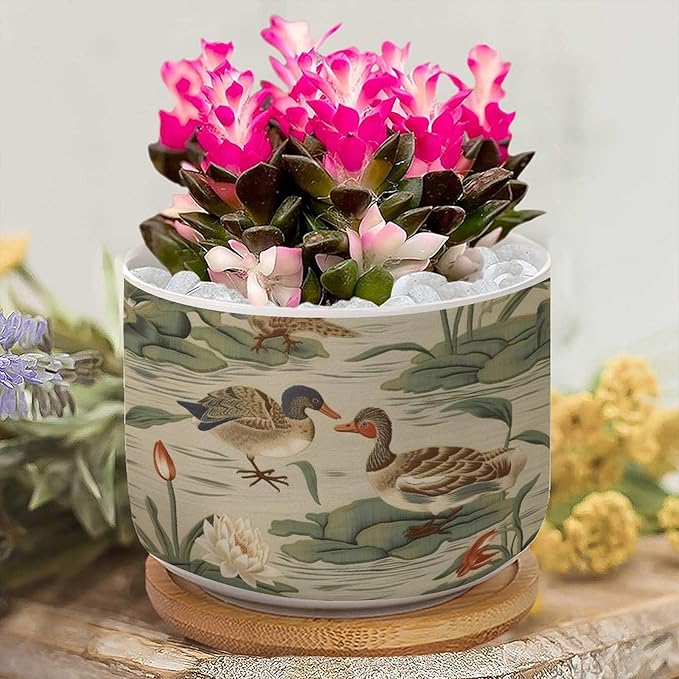 3 Piece Ceramics Plant Pot and Duck Garden Small Ceramics Planter Green Water Lily Chinoiserie Flower Succulent Pot Traditional Chinese Chinoiserie Plant Pot with Drainage Holes