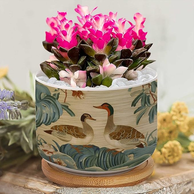 2 Piece and Duck Garden Small Plant Pots Chinoiserie Style Succulent Pot with Drainage Bamboo Trays Green Water Lily Chinoiserie Flower Ceramics Planters for Indoor Plants