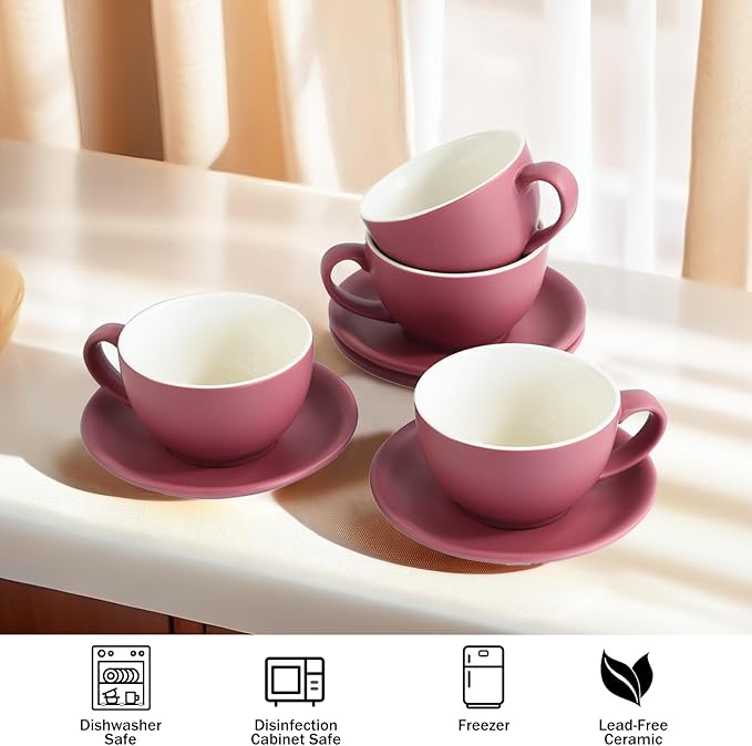 Yundu Matte Purple Cappuccino Cups Set of 4-10oz Ceramic Latte Mugs with Saucers, Elegant Espresso Cups for Coffee & Tea